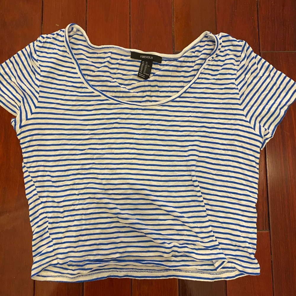 forever 21 blue & white striped stretchy crop top